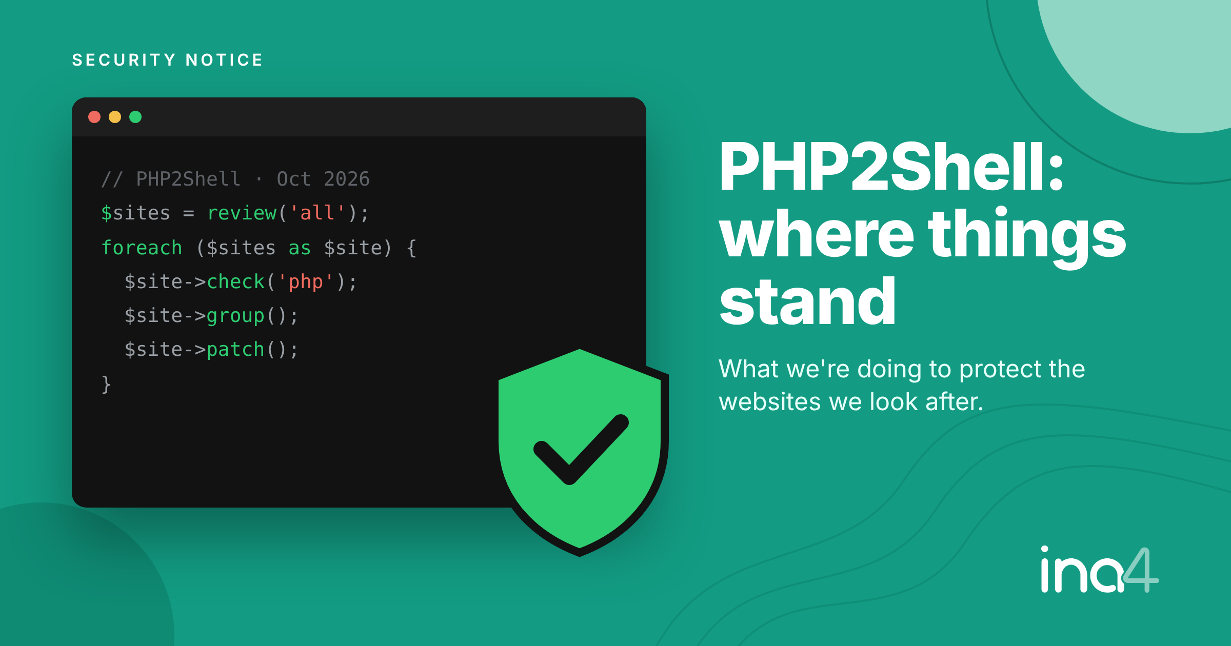 PHP2Shell security notice: code window with a green shield and tick