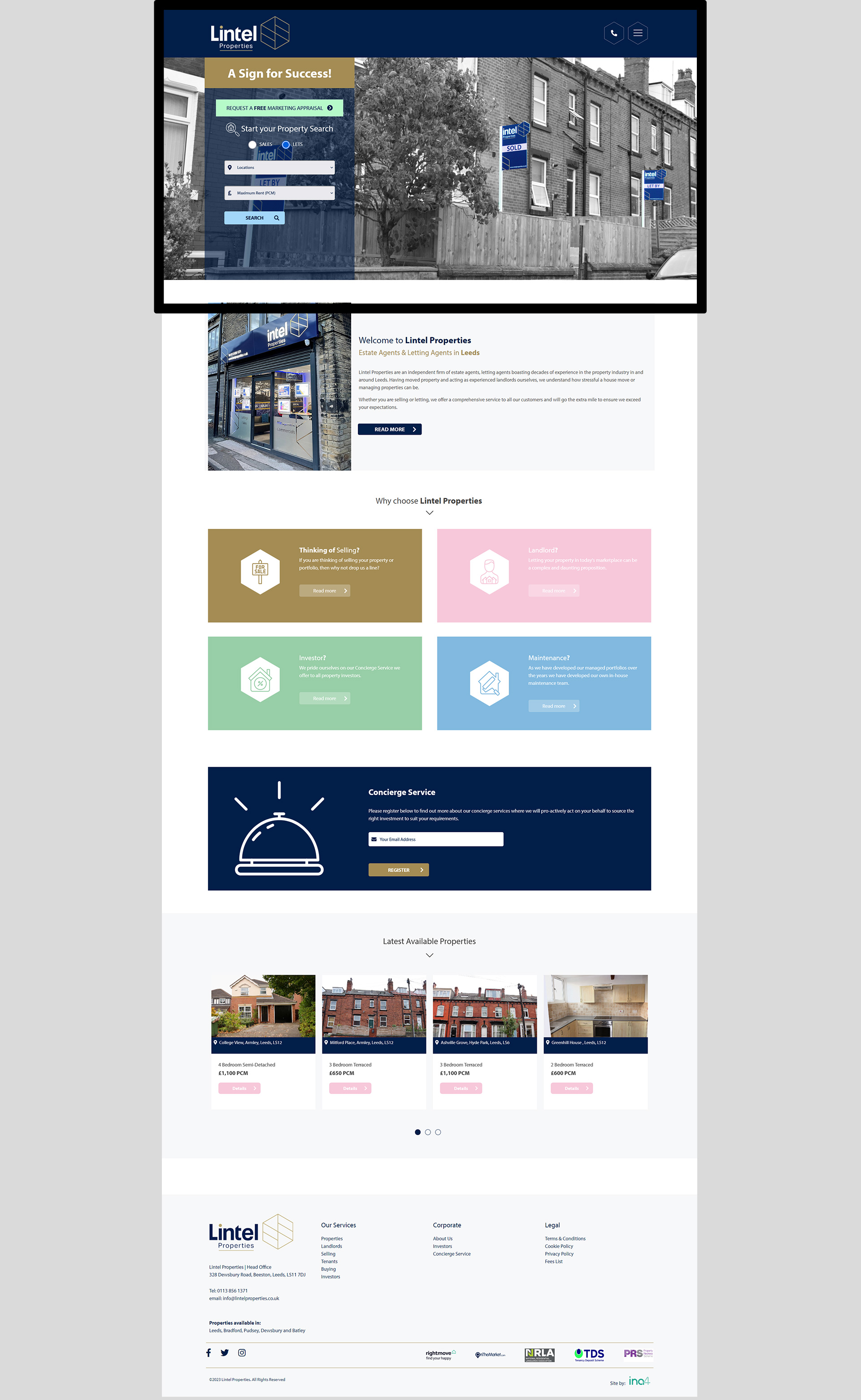 The Lintel Properties website on desktop devices