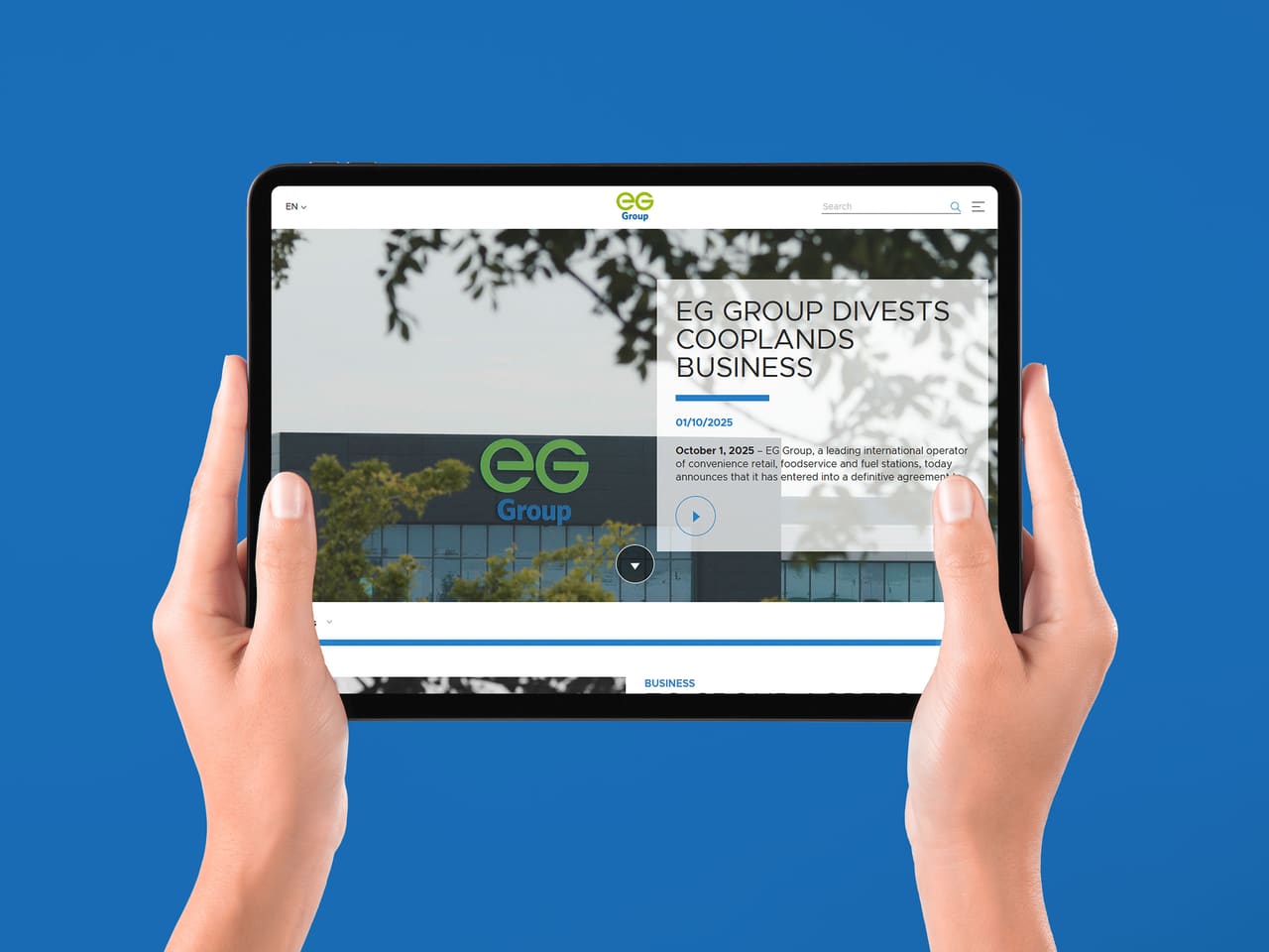 EG Group news article on a tablet