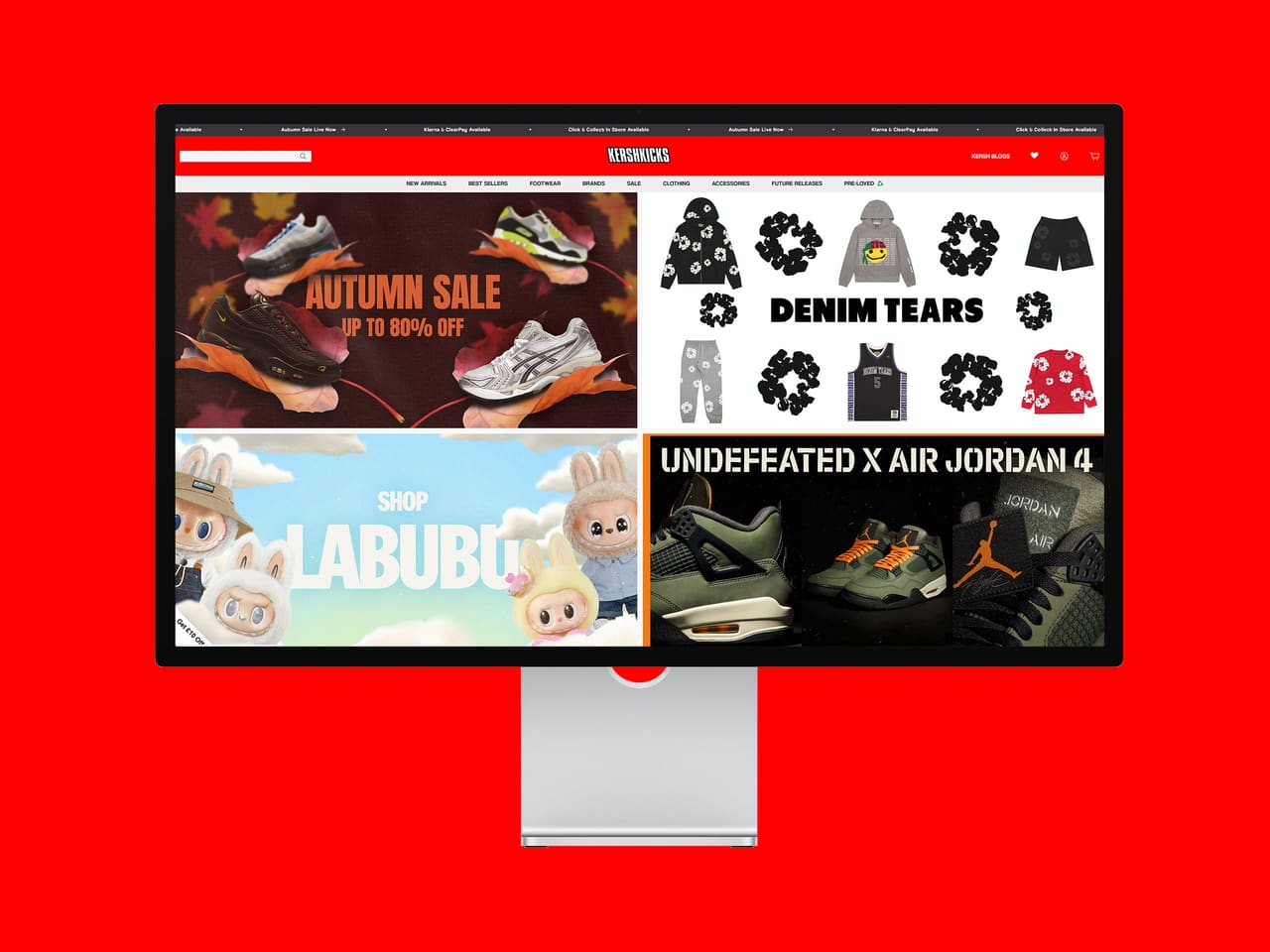 KershKicks online store homepage on a desktop monitor