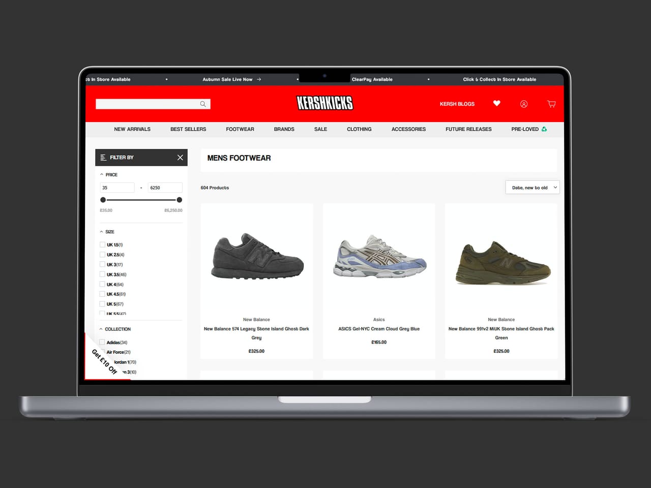 KershKicks men's footwear page on a laptop