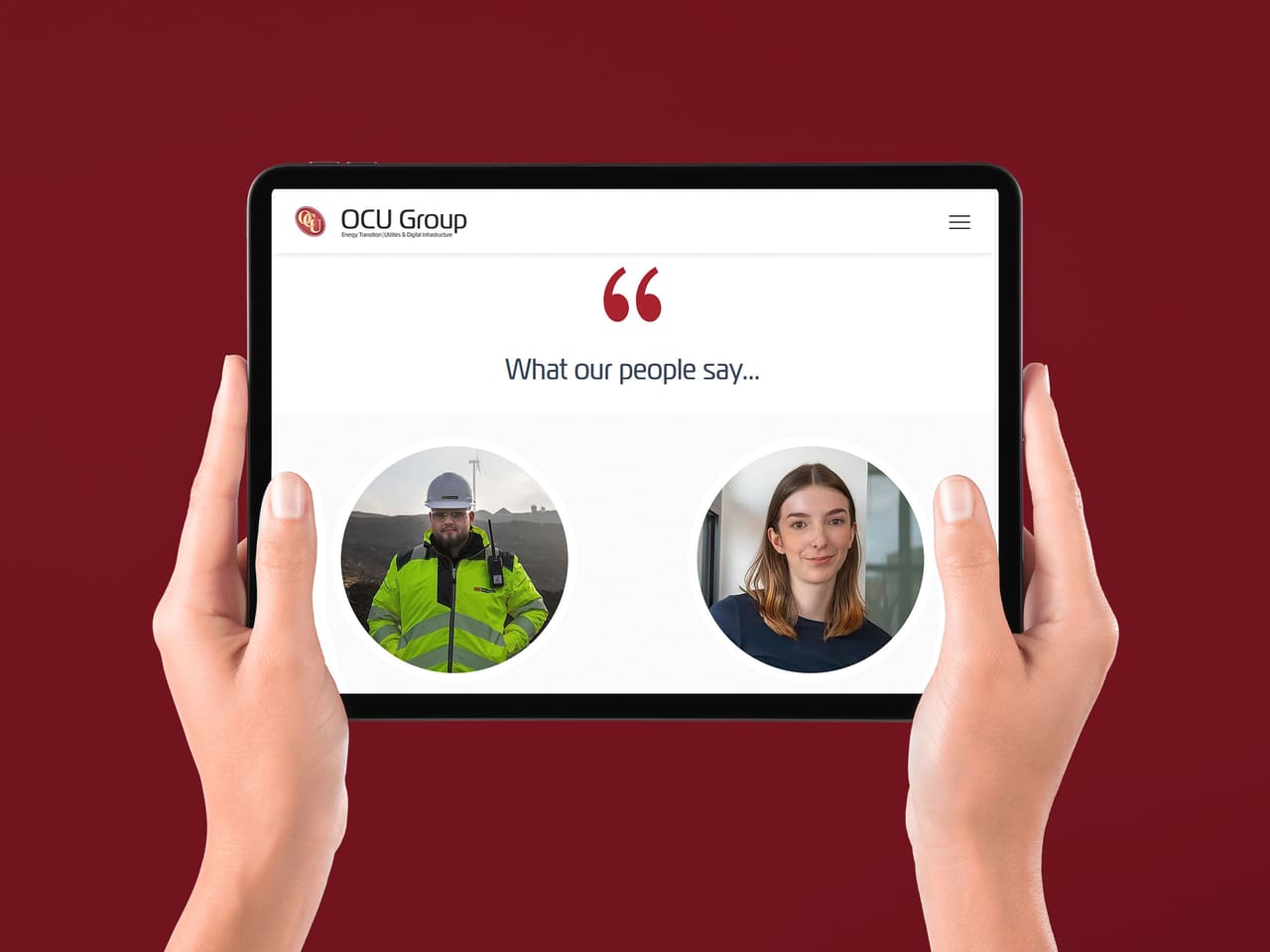OCU Group "What our people say" page on a tablet