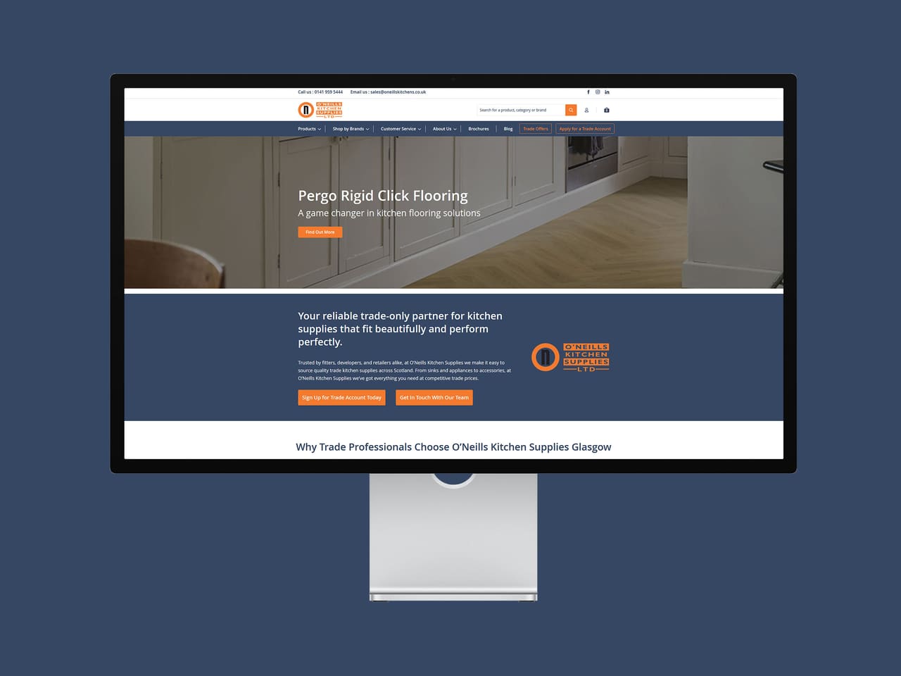 O'Neills Kitchen Supplies homepage on a desktop monitor