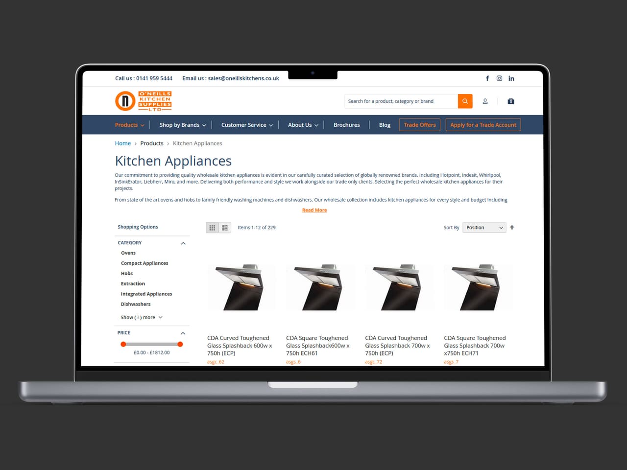 O'Neills Kitchen Supplies kitchen appliances page on a laptop