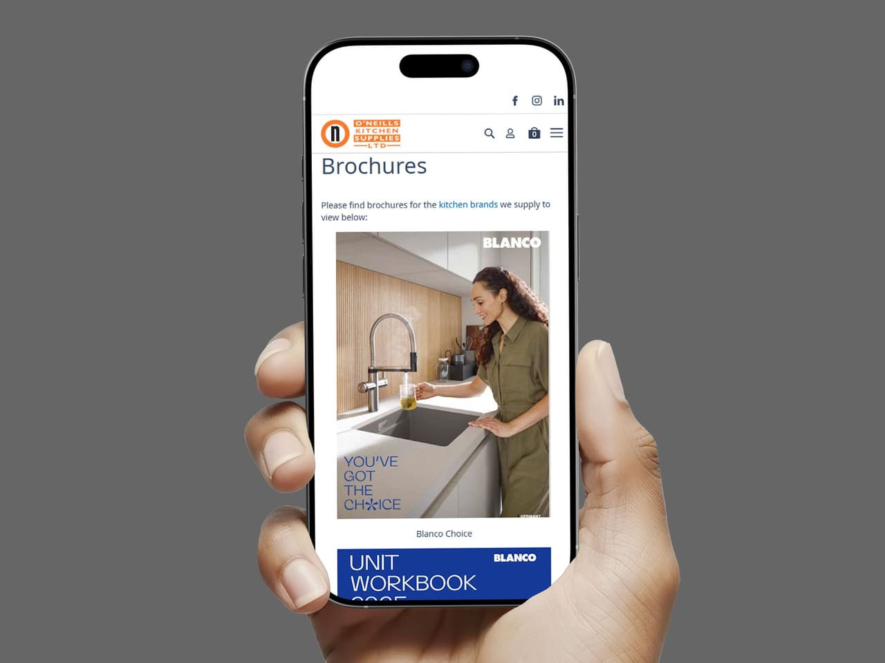 O'Neills Kitchen Supplies brochures page on a mobile phone