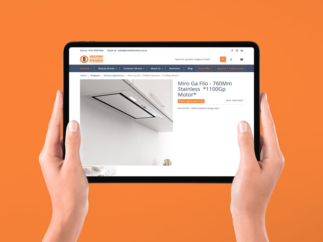 O'Neills Kitchen Supplies product page on a tablet