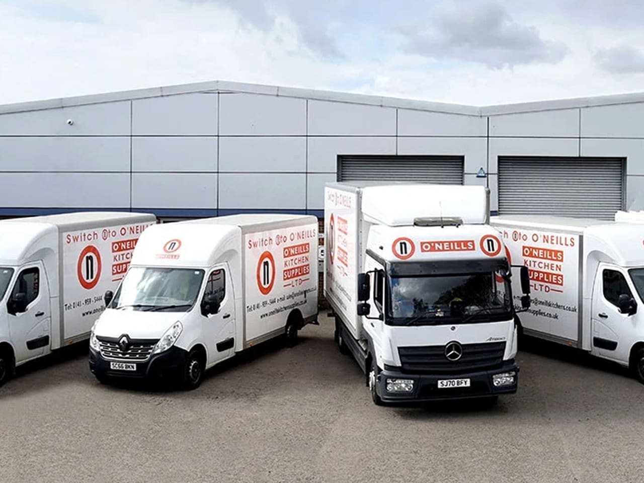 O'Neills Kitchen Supplies delivery vans outside the warehouse