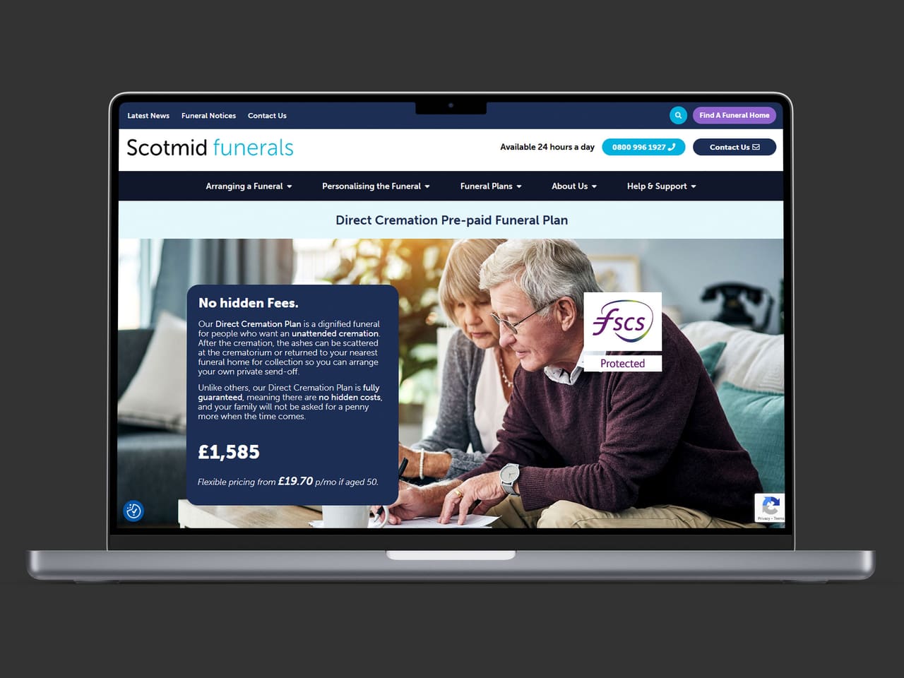 Scotmid Funerals Direct Cremation Pre-paid Funeral Plan page on a laptop