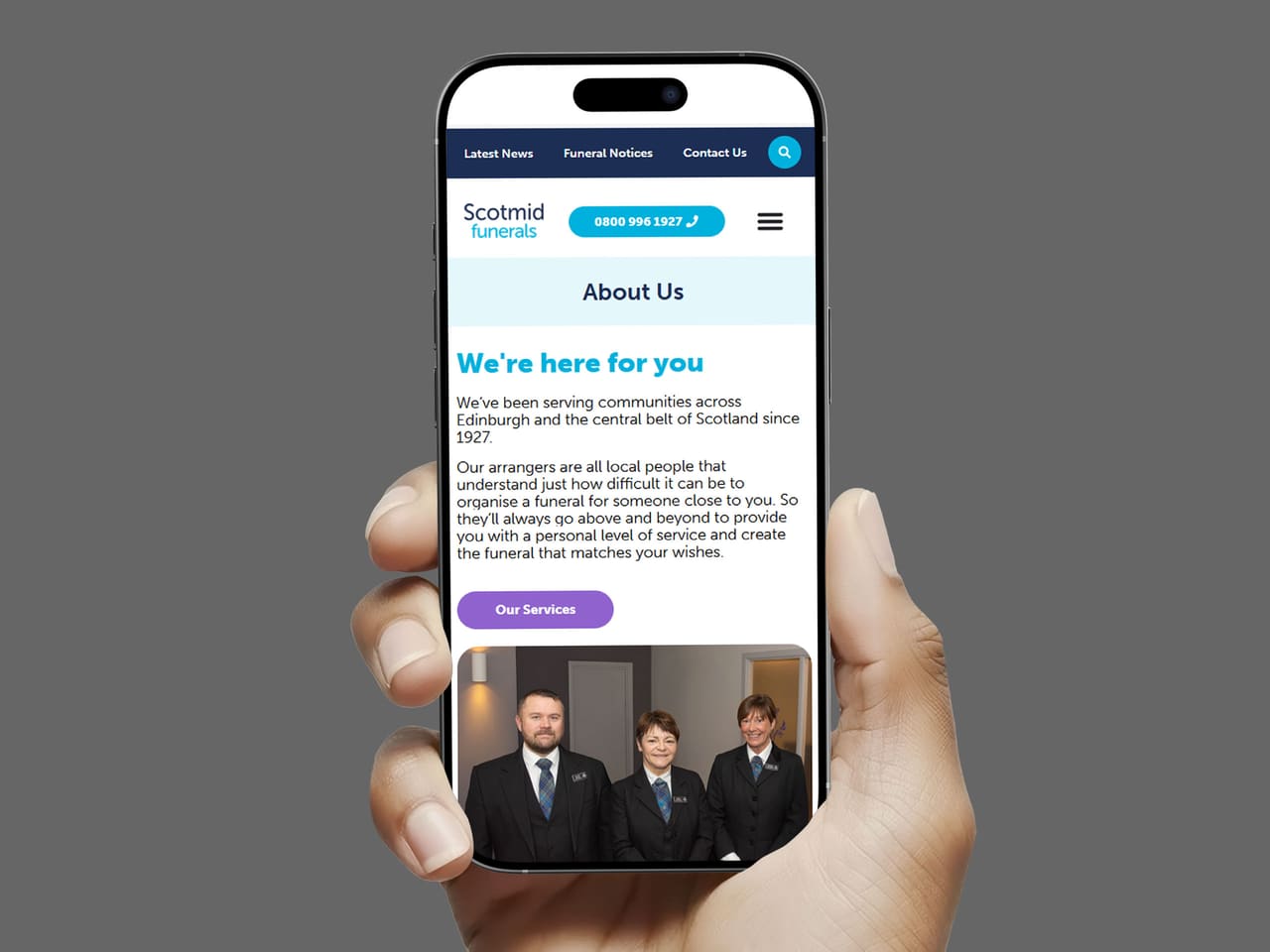 Scotmid Funerals About Us page on a mobile phone