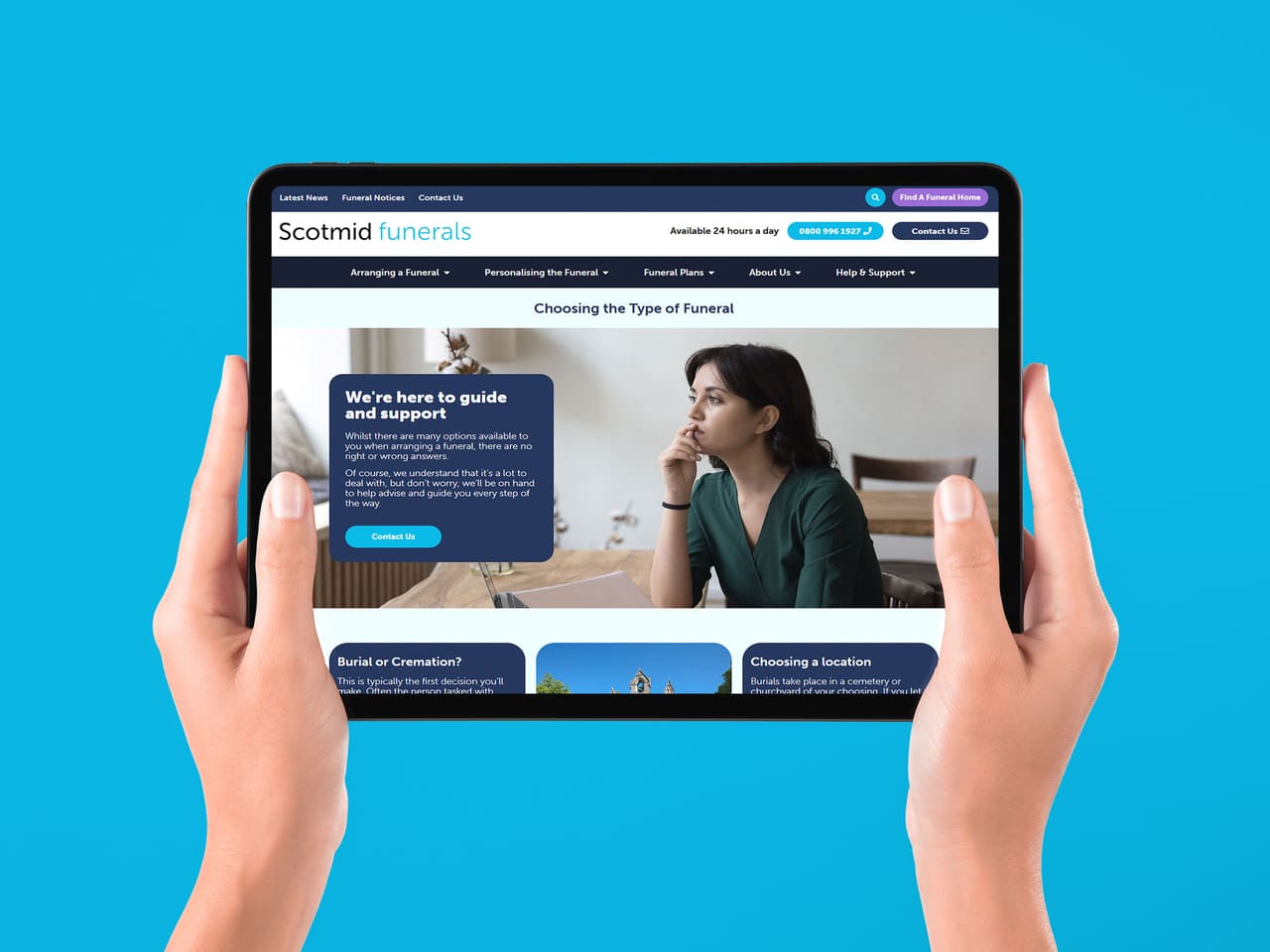 Scotmid Funerals Choosing the Type of Funeral page on a tablet