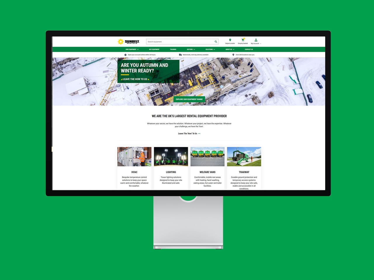 Sunbelt Rentals homepage on a desktop monitor