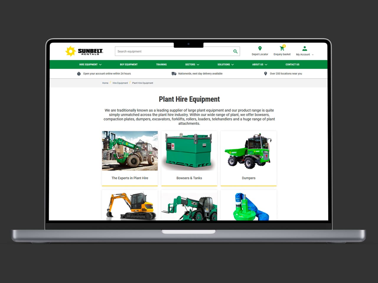Sunbelt Rentals plant hire equipment page on a laptop