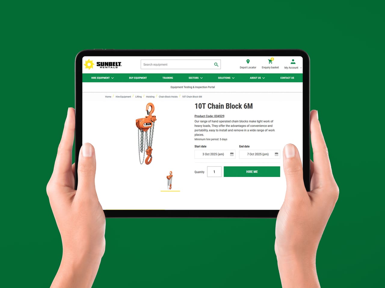 Sunbelt Rentals product page on a tablet