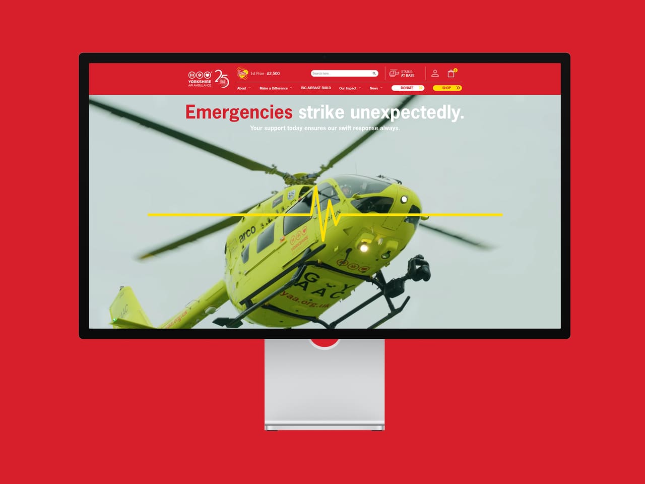 Yorkshire Air Ambulance homepage on a desktop monitor