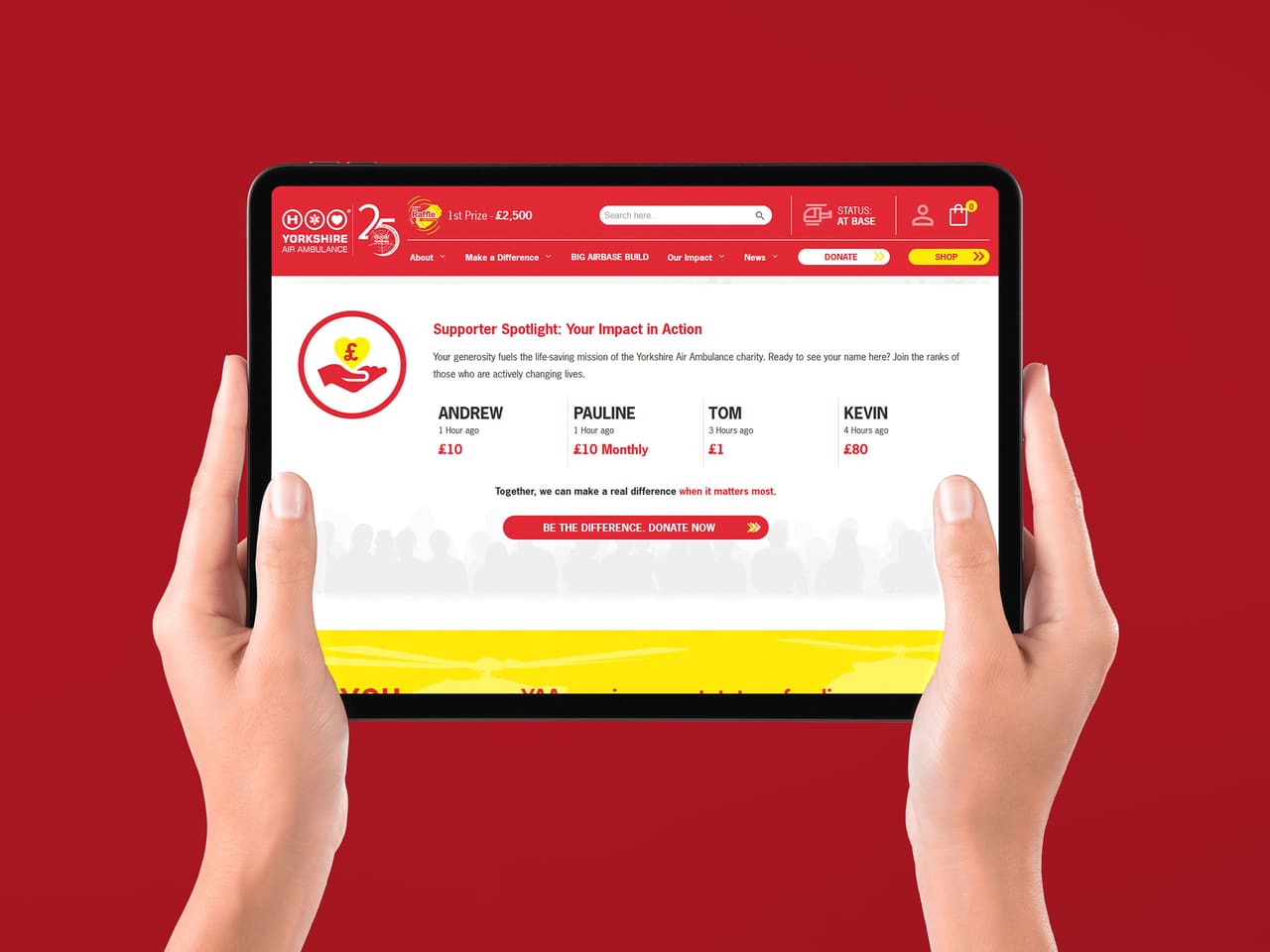 Yorkshire Air Ambulance Supporter Spotlight page on a tablet