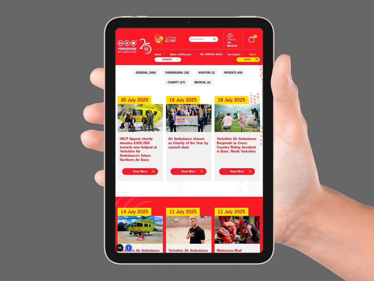 Yorkshire Air Ambulance news page on a tablet